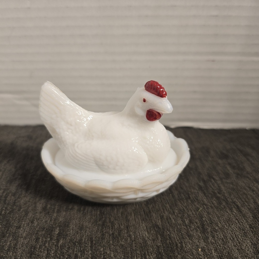 Westmoreland Milk Glass Hen on Nest Covered Dish Vintage White Chicken Red Trim